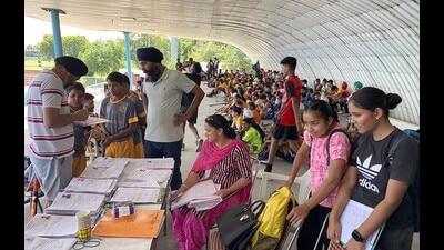 Aspiring sportsperson during centre for excellence trials at Hockey Stadium, Punjab Agriculture University, Ludhiana on Sunday. (HT Photo) Aspiring sportsperson during centre for excellence trials at Hockey Stadium, Punjab Agriculture University, Ludhiana on Sunday. (HT Photo)