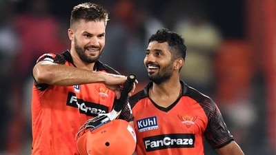 Sunrisers Hyderabad's Aiden Markram (L) and Rahul Tripathi celebrate their win (AFP) Sunrisers Hyderabad's Aiden Markram (L) and Rahul Tripathi celebrate their win (AFP)