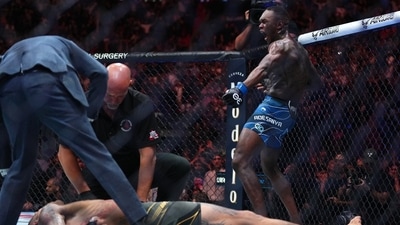 Adesanya knocked out Pereira, four minutes and 21 seconds into round two of their fight and grabbed the middleweight title belt. (Twitter) Adesanya knocked out Pereira, four minutes and 21 seconds into round two of their fight and grabbed the middleweight title belt. (Twitter)