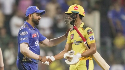 Chennai Super Kings batter Ruturaj Gaikwad shakes hand with Mumbai Indians captain Rohit Sharma after winning the IPL 2023 match (PTI) Chennai Super Kings batter Ruturaj Gaikwad shakes hand with Mumbai Indians captain Rohit Sharma after winning the IPL 2023 match (PTI)