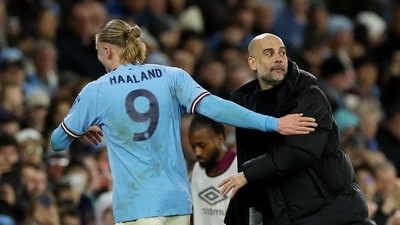 Manchester City's Erling Braut Haaland with manager Pep Guardiola after being substituted (REUTERS)