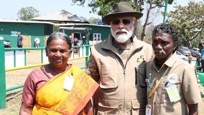 The Elephant Whisperers' Bomman and Belli with PM Narendra Modi. The Elephant Whisperers' Bomman and Belli with PM Narendra Modi.