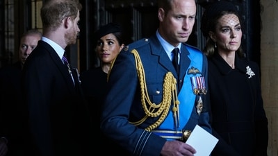 Royal Family News: Prince William, Kate, Princess of Wales, Prince Harry and Meghan, Duchess of Sussex, second left, leave after they paid their respects to Queen Elizabeth II. (AP) Royal Family News: Prince William, Kate, Princess of Wales, Prince Harry and Meghan, Duchess of Sussex, second left, leave after they paid their respects to Queen Elizabeth II. (AP)