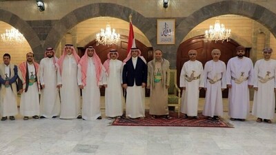 The head of the Houthi’s supreme political council Mahdi al-Mashat , 11th from left and Saudi Arabia’s Ambassador to Yemen Mohammed bin Saeed Al-Jaber, 10th from left, in Sanaa, Yemen were among the delegates. Saudi officials were in Yemen's capital Sunday for talks with the Iran-backed Houthi rebels, as part of international efforts to find a settlement to Yemen’s nine-year conflict. (Ansar Allah Media Office) (AP) The head of the Houthi’s supreme political council Mahdi al-Mashat , 11th from left and Saudi Arabia’s Ambassador to Yemen Mohammed bin Saeed Al-Jaber, 10th from left, in Sanaa, Yemen were among the delegates. Saudi officials were in Yemen's capital Sunday for talks with the Iran-backed Houthi rebels, as part of international efforts to find a settlement to Yemen’s nine-year conflict. (Ansar Allah Media Office) (AP)