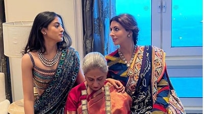Jaya Bachchan all decked up for a function with Navya and Shweta by her side. Jaya Bachchan all decked up for a function with Navya and Shweta by her side.