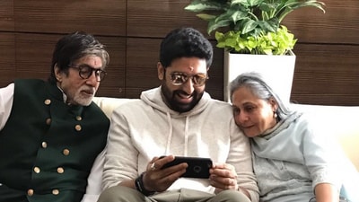Jaya and Amitabh look on as Abhishek shows them something on his phone. This picture was clicked by her daughter Shweta. Jaya and Amitabh look on as Abhishek shows them something on his phone. This picture was clicked by her daughter Shweta.