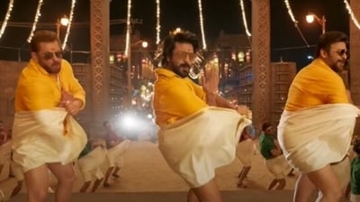 Salman Khan, Ram Charan, and Venkatesh in a still from Kisi Ka Bhai Kisi Ki Jaan song Yentamma.