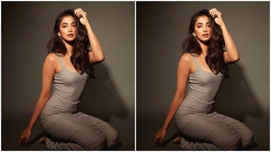 The sleeveless grey dress hugged Pooja's shape and showed off her curves perfectly. The dress came with a plunging neckline and ruched details below the waist. In sleek silver earrings from Karishma Joolry, Pooja accessorised her look for the day.&nbsp;(Instagram/@hegdepooja)