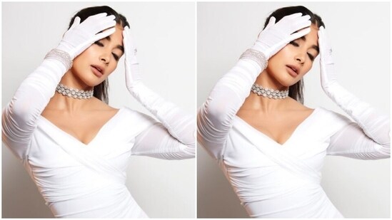 In a sleek white gown, Pooja added white gloves and a diamond neck choker as she looked stunning as ever.&nbsp;(Instagram/@hegdepooja)