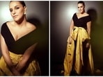 Neha Dhupia's fashion game has always been on point. She loves experimenting with her looks and often manages to drop jaws with her sartorial wardrobe picks. For an award show, the actor stunned in a black off-shoulder jumpsuit which she paired with a yellow overskirt.&nbsp;