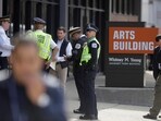 US Police officers gather during the first large-scale active shooter drill undertaken by at a school.