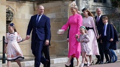 Princess Beatrice of York and her husband, Edoardo Mapelli Mozzi, arrived at St. George's Chapel with their children to join the Easter Sunday service. (AFP) Princess Beatrice of York and her husband, Edoardo Mapelli Mozzi, arrived at St. George's Chapel with their children to join the Easter Sunday service. (AFP)