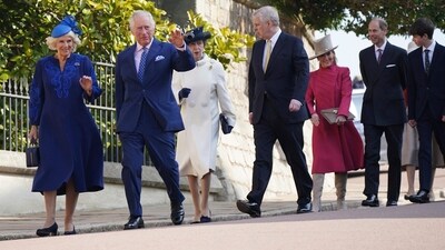 King Charles III and Queen Consort Camilla joined other royals for Easter Mattins Service at Windsor Castle's St George's Chapel in England on Sunday. (AP) King Charles III and Queen Consort Camilla joined other royals for Easter Mattins Service at Windsor Castle's St George's Chapel in England on Sunday. (AP)