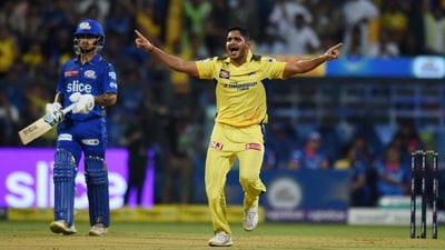 Tushar Deshpande celebrates the wicket of Rohit Sharma. (Agency) Tushar Deshpande celebrates the wicket of Rohit Sharma. (Agency)