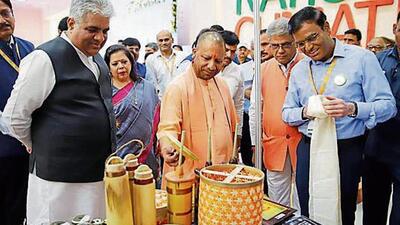 Chief minister Yogi Adityanath visiting the exhibition while inaugurating national climate conclave jointly with Union environment minister Bhupender Yadav, at Indira Gandhi Pratishthan in Lucknow on Monday. (Deepak Gupta/HT Photo) Chief minister Yogi Adityanath visiting the exhibition while inaugurating national climate conclave jointly with Union environment minister Bhupender Yadav, at Indira Gandhi Pratishthan in Lucknow on Monday. (Deepak Gupta/HT Photo)