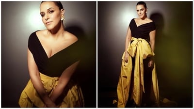Neha Dhupia's fashion game has always been on point. She loves experimenting with her looks and often manages to drop jaws with her sartorial wardrobe picks. For an award show, the actor stunned in a black off-shoulder jumpsuit which she paired with a yellow overskirt. (Instagram/@nehadhupia) Neha Dhupia's fashion game has always been on point. She loves experimenting with her looks and often manages to drop jaws with her sartorial wardrobe picks. For an award show, the actor stunned in a black off-shoulder jumpsuit which she paired with a yellow overskirt. (Instagram/@nehadhupia)
