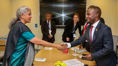 India’s Finance Minister Nirmala Sitharaman (left) meets Minister of Finance and Economic Affairs of the Republic of Malawi Sosten Gwengwe on the sidelines of the World Bank-IMF Spring Meetings 2023, in Washington DC, US, on Monday. (PTI)
