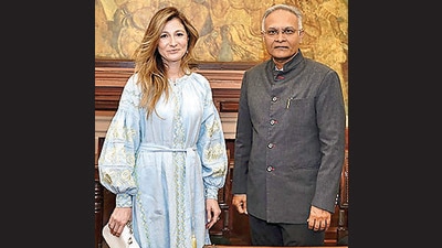 MEA secretary (West) Sanjay Verma with first deputy minister of foreign affairs of Ukraine Emine Dzhaparova in New Delhi on Monday. (PTI)