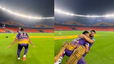 Nitish Rana picks up and hugs Rinku Singh post match with Gujarat Titans. (Instagram/.@nitishrana_official) Nitish Rana picks up and hugs Rinku Singh post match with Gujarat Titans. (Instagram/.@nitishrana_official)