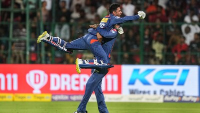 Lucknow Super Giants batter Ravi Bishnoi celebrates after winning the IPL 2023 match against Royal Challengers Bangalore (PTI)