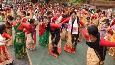 On the third day, a group of men and women, known as husoris, visit houses and sings and dance to traditional Bihu songs.&nbsp;&nbsp; (PTI)