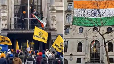 Pro-Khalistan activists pulled down the Indian flag at the high commission in London during a protest on March 20. (PTI) Pro-Khalistan activists pulled down the Indian flag at the high commission in London during a protest on March 20. (PTI)