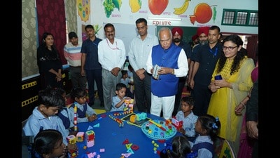 Punjab governor and UT administrator Banwari Lal Purohit interacting with students at a Balvatika. (HT Photo) Punjab governor and UT administrator Banwari Lal Purohit interacting with students at a Balvatika. (HT Photo)