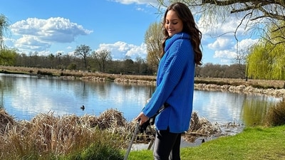 Sonakshi Sinha also smiled and looked at the dog as they stood in front of a lake in a picture. Sonakshi Sinha also smiled and looked at the dog as they stood in front of a lake in a picture.
