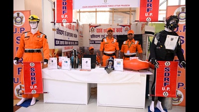 The stall set up by U.P. State Disaster Response Fund at The National Climate Conclave being held at Indira Gandhi Pratishthan, Lucknow (HT )