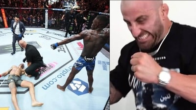 Alexander Volkanovski can be seen erupting in joy over Adesanya's dramatic victory. (Twitter) Alexander Volkanovski can be seen erupting in joy over Adesanya's dramatic victory. (Twitter)