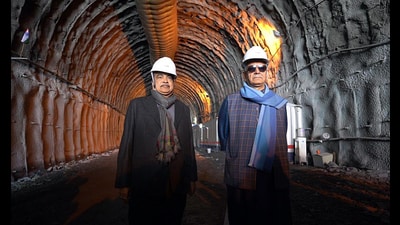 Union Minister for Road Transport and Highways Nitin Gadkari and Lieutenant Governor of Jammu and Kashmir Manoj Sinha inspected the ongoing construction work at Zojila Tunnel, in Ganderbal on Monday. (Office of LG J&K Twitter)