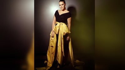 Neha Dhupia's look is a creation of the designer duo Gauri and Nainika from their Resort 2023 collection. (Instagram/@nehadhupia) Neha Dhupia's look is a creation of the designer duo Gauri and Nainika from their Resort 2023 collection. (Instagram/@nehadhupia)