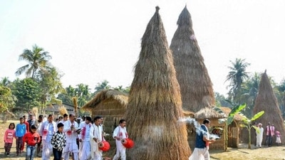 On the fourth day, people build a Meji (makeshift hut) decorate it and burn it at night.&nbsp; (PTI)