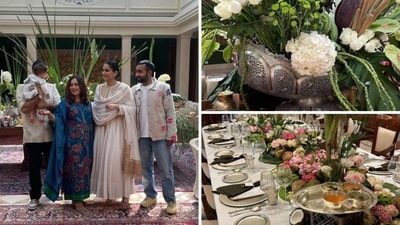 Sonam Kapoor posing with her husband Anand Ahuja, his brother Anant and mother Priya Ahuja.