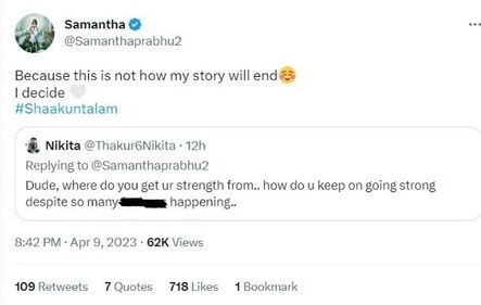Samantha replied to a Twitter user on Sunday. Samantha replied to a Twitter user on Sunday.