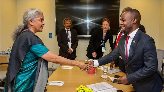 India’s Finance Minister Nirmala Sitharaman (left) meets Minister of Finance and Economic Affairs of the Republic of Malawi Sosten Gwengwe on the sidelines of the World Bank-IMF Spring Meetings 2023, in Washington DC, US, on Monday. (PTI)
