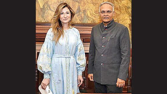 MEA secretary (West) Sanjay Verma with first deputy minister of foreign affairs of Ukraine Emine Dzhaparova in New Delhi on Monday. (PTI)