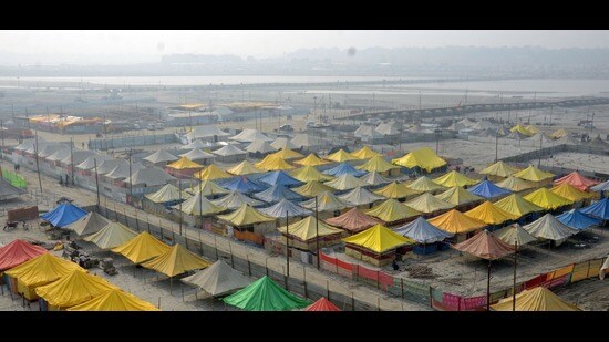Magh Mela-2023 tent city on banks of Sangam. (HT File)