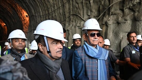 Union minister Nitin Gadkari, J&K LG Manoj Sinha inspect the construction work of Asia’s longest bi-directional Zojila Tunnel, at Baltal, east of Srinagar. (Waseem Andrabi /Hindustan Times)