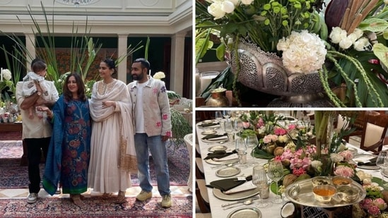 Sonam Kapoor posing with her husband Anand Ahuja, his brother Anant and mother Priya Ahuja.