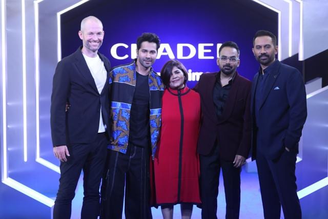James Farrell, VP International, Amazon Studios with Varun Dhawan, Sita R. Menon, DK & Raj
