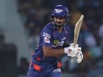 KL Rahul of Lucknow Super Giants plays a shot during the Indian Premier League match