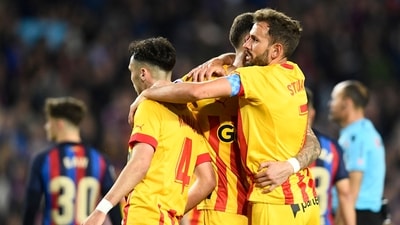 Girona players react at the end of the Spanish league football match between FC Barcelona and Girona FC at the Camp Nou stadium in Barcelona on April 10, 2023. (Photo by Pau BARRENA / AFP) (AFP) Girona players react at the end of the Spanish league football match between FC Barcelona and Girona FC at the Camp Nou stadium in Barcelona on April 10, 2023. (Photo by Pau BARRENA / AFP) (AFP)