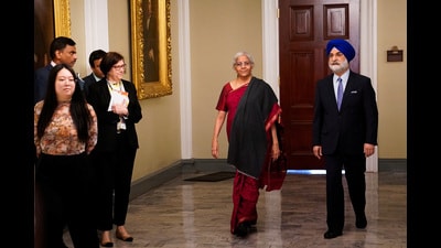 Finance minister Nirmala Sitharaman at the Treasury Department in Washington. (REUTERS) Finance minister Nirmala Sitharaman at the Treasury Department in Washington. (REUTERS)