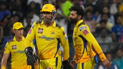 Chennai Super Kings' Ravindra Jadeja and Mahendra Singh Dhoni celebrate the dismissal of Mumbai Indians' Tilak Varma (AP) Chennai Super Kings' Ravindra Jadeja and Mahendra Singh Dhoni celebrate the dismissal of Mumbai Indians' Tilak Varma (AP)