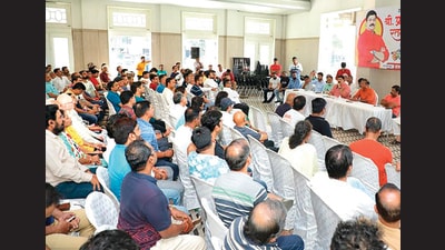 Kalyan, India - April 11, 2023: Residents of Palava City housing complex during a discussion along with MNS MLA Pramod Ratan Patil, known as Raju Patil, demand exemption of property tax as the project falls under ITP category, also highlight major issues like traffic jam, lack of infrastructure outside the society, in Kalyan, India, on Tuesday, April 11, 2023. (Photo by Pramod Tambe/ Hindustan Times) (HT PHOTO) Kalyan, India - April 11, 2023: Residents of Palava City housing complex during a discussion along with MNS MLA Pramod Ratan Patil, known as Raju Patil, demand exemption of property tax as the project falls under ITP category, also highlight major issues like traffic jam, lack of infrastructure outside the society, in Kalyan, India, on Tuesday, April 11, 2023. (Photo by Pramod Tambe/ Hindustan Times) (HT PHOTO)