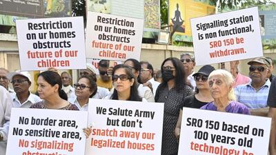 Mumbai, India - April 09, 2023 : Juhu Wireless affected residents association appeal to Defence Authorities and PMO People have lost homes and there should be no resistance for redevelopment and growth. Awareness rally at Juhu, in Mumbai, India, on Sunday, April 09, 2023. (Photo by Vijay Bate/HT Photo) Mumbai, India - April 09, 2023 : Juhu Wireless affected residents association appeal to Defence Authorities and PMO People have lost homes and there should be no resistance for redevelopment and growth. Awareness rally at Juhu, in Mumbai, India, on Sunday, April 09, 2023. (Photo by Vijay Bate/HT Photo)