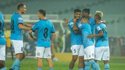 Mumbai City FC team celebrates after scoring a goal during match 74 of the Hero Indian Super League 2022 (PTI) Mumbai City FC team celebrates after scoring a goal during match 74 of the Hero Indian Super League 2022 (PTI)