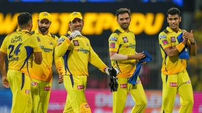 Chennai Super Kings captain MS Dhoni with teammates after winning an IPL 2023 match (PTI) Chennai Super Kings captain MS Dhoni with teammates after winning an IPL 2023 match (PTI)