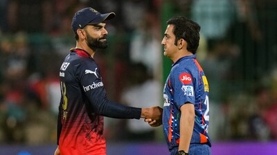 Royal Challengers Bangalore player Virat Kohli greets Lucknow Super Giants team mentor Gautam Gambhir (PTI) Royal Challengers Bangalore player Virat Kohli greets Lucknow Super Giants team mentor Gautam Gambhir (PTI)